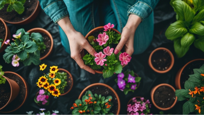 close up of flowers being potted